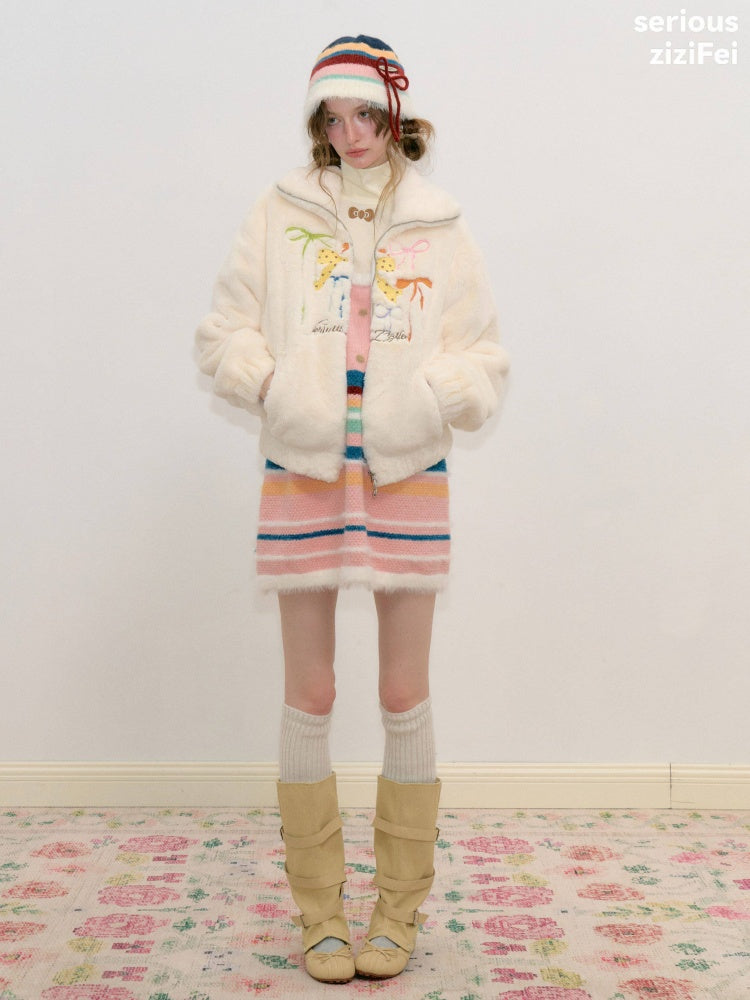 Vintage Bow Embroidery Soft Slimming Apricot Sherpa Jacket【s0000018794】