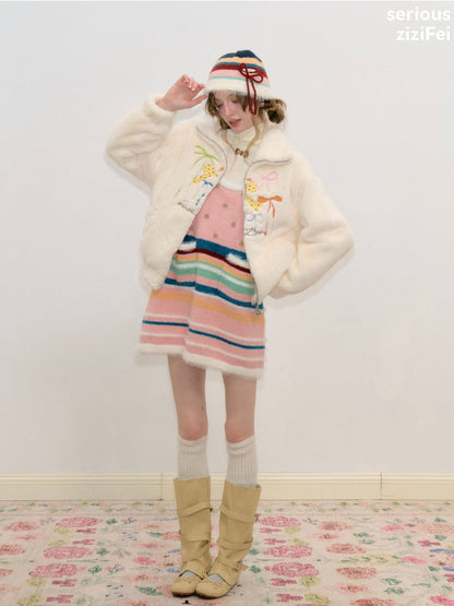 Vintage Bow Embroidery Soft Slimming Apricot Sherpa Jacket【s0000018794】