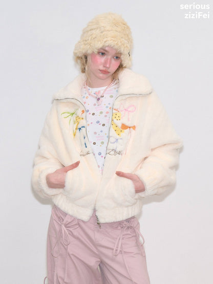 Vintage Bow Embroidery Soft Slimming Apricot Sherpa Jacket【s0000018794】