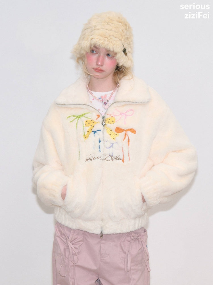 Vintage Bow Embroidery Soft Slimming Apricot Sherpa Jacket【s0000018794】
