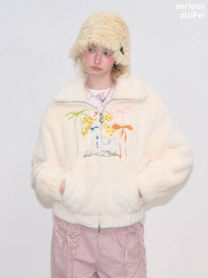 Vintage Bow Embroidery Soft Slimming Apricot Sherpa Jacket【s0000018794】