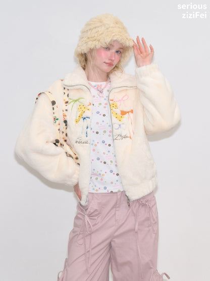 Vintage Bow Embroidery Soft Slimming Apricot Sherpa Jacket【s0000018794】