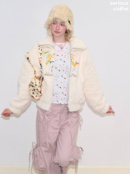 Vintage Bow Embroidery Soft Slimming Apricot Sherpa Jacket【s0000018794】