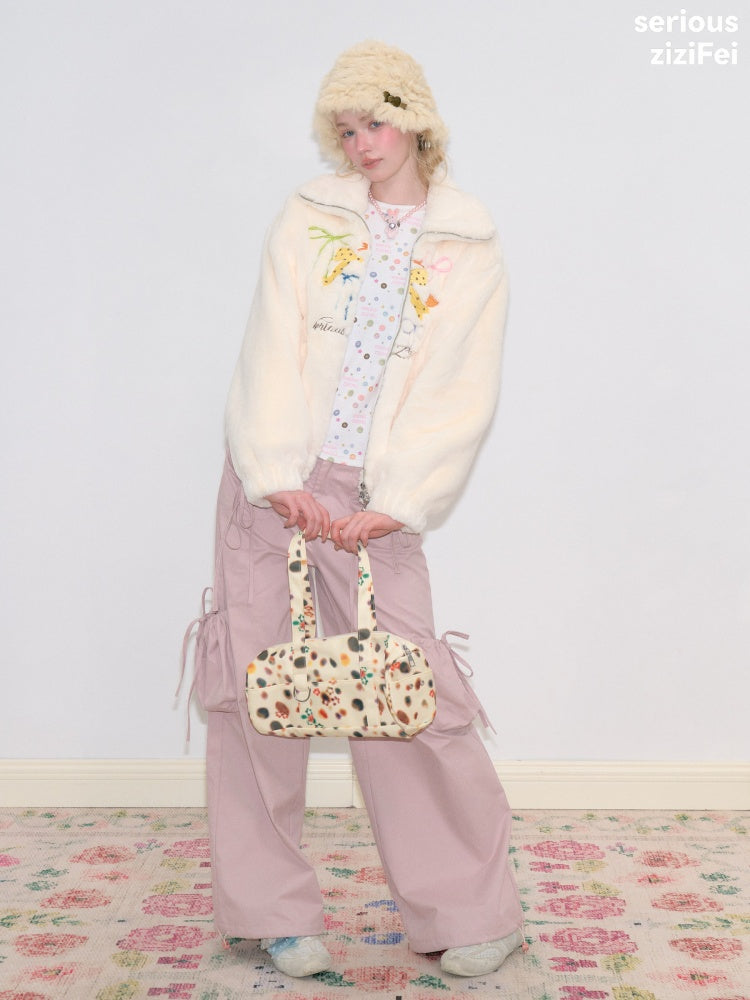 Vintage Bow Embroidery Soft Slimming Apricot Sherpa Jacket【s0000018794】