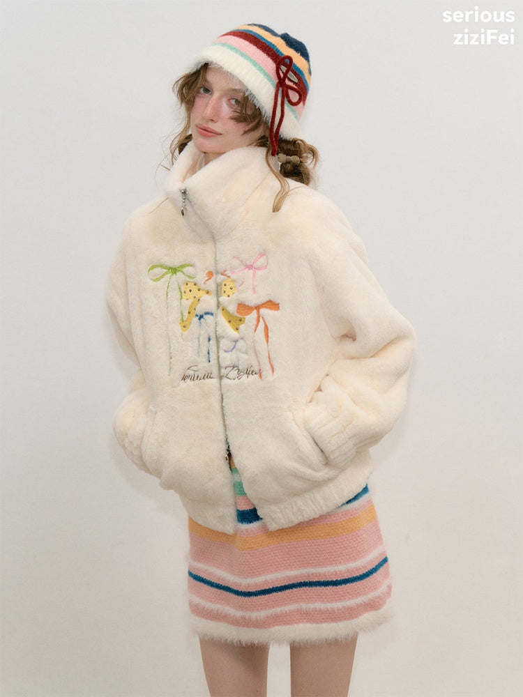 Vintage Bow Embroidery Soft Slimming Apricot Sherpa Jacket【s0000018794】