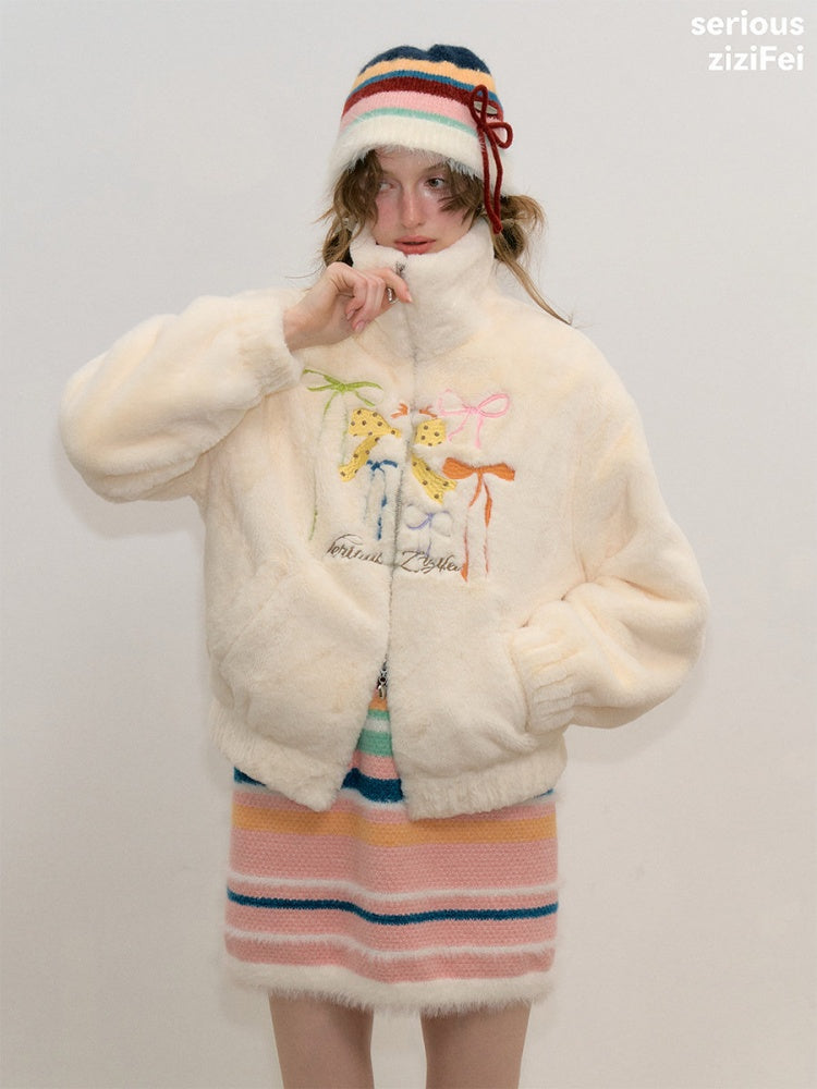 Vintage Bow Embroidery Soft Slimming Apricot Sherpa Jacket【s0000018794】