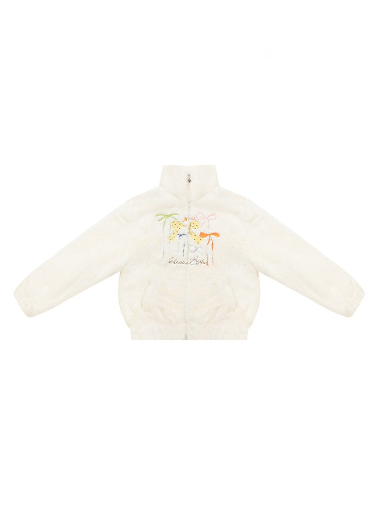 Vintage Bow Embroidery Soft Slimming Apricot Sherpa Jacket【s0000018794】