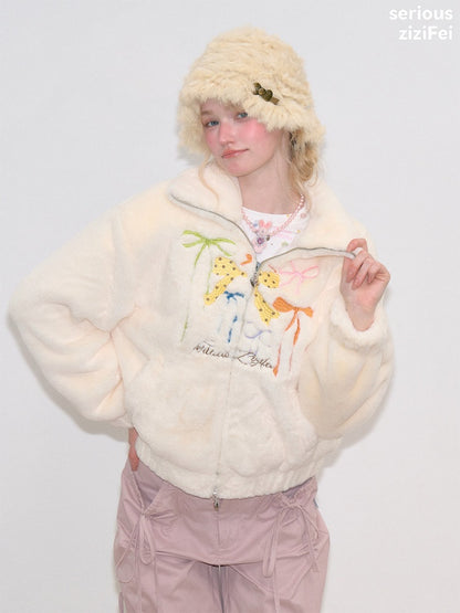 Vintage Bow Embroidery Soft Slimming Apricot Sherpa Jacket【s0000018794】