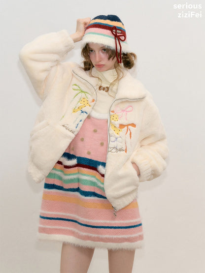 Vintage Bow Embroidery Soft Slimming Apricot Sherpa Jacket【s0000018794】
