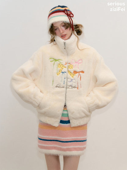 Vintage Bow Embroidery Soft Slimming Apricot Sherpa Jacket【s0000018794】
