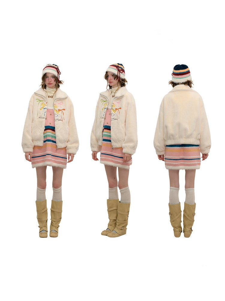 Vintage Bow Embroidery Soft Slimming Apricot Sherpa Jacket【s0000018794】