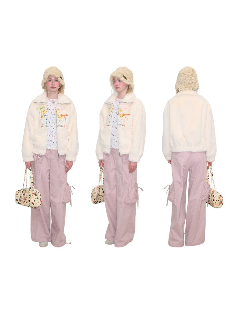 Vintage Bow Embroidery Soft Slimming Apricot Sherpa Jacket【s0000018794】