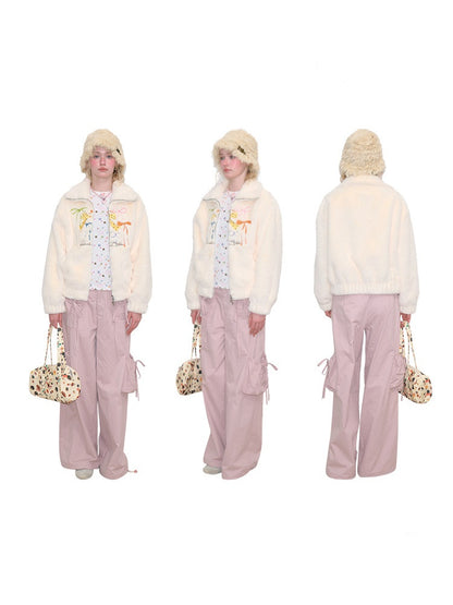 Vintage Bow Embroidery Soft Slimming Apricot Sherpa Jacket【s0000018794】