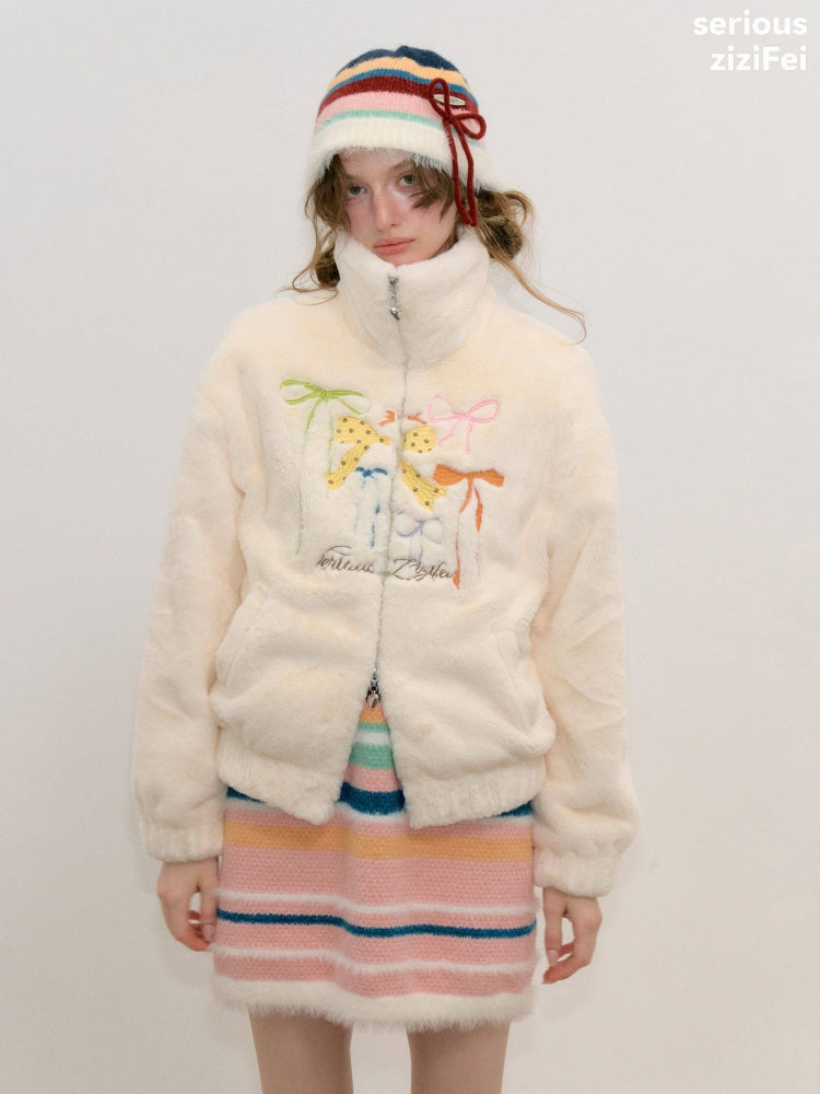 Vintage Bow Embroidery Soft Slimming Apricot Sherpa Jacket【s0000018794】