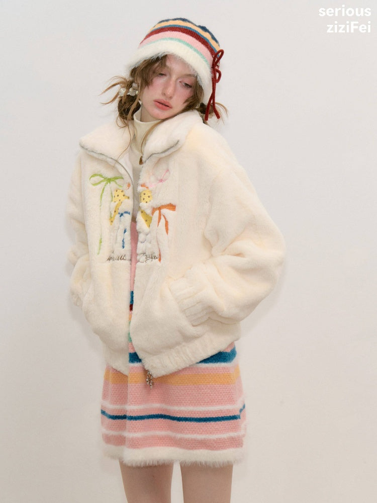 Vintage Bow Embroidery Soft Slimming Apricot Sherpa Jacket【s0000018794】