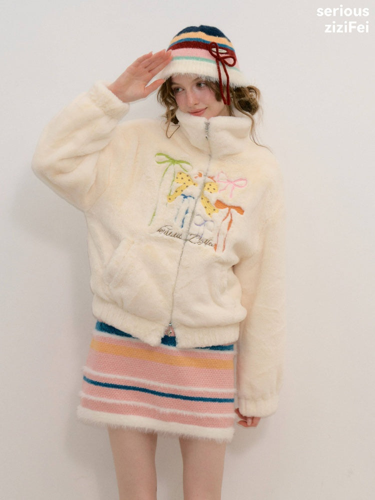 Vintage Bow Embroidery Soft Slimming Apricot Sherpa Jacket【s0000018794】