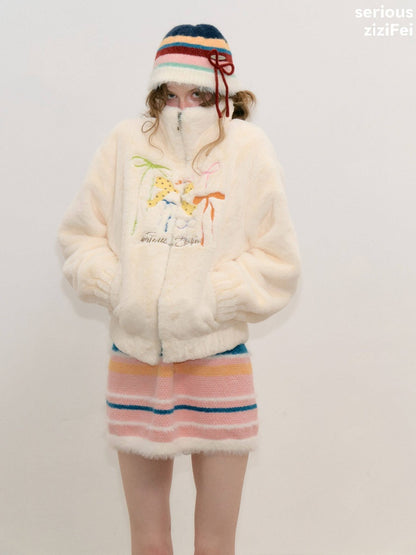 Vintage Bow Embroidery Soft Slimming Apricot Sherpa Jacket【s0000018794】