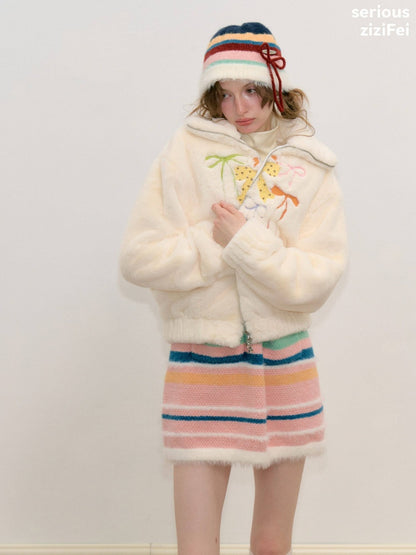 Vintage Bow Embroidery Soft Slimming Apricot Sherpa Jacket【s0000018794】