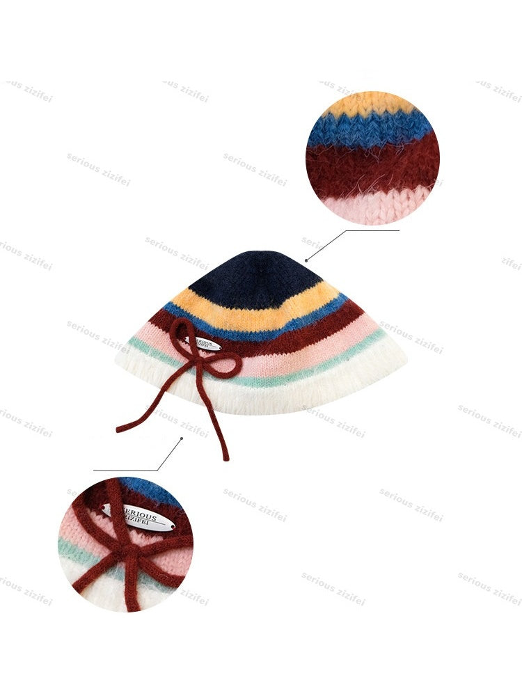 Vintage Color-Blocking Striped Bow Slimming Warm Basin Plush Hat【s0000018795】