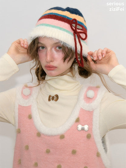 Vintage Color-Blocking Striped Bow Slimming Warm Basin Plush Hat【s0000018795】