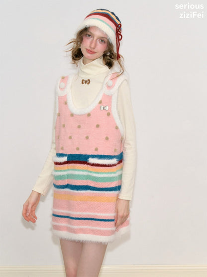 Vintage Color-Blocking Striped Bow Slimming Warm Basin Plush Hat【s0000018795】