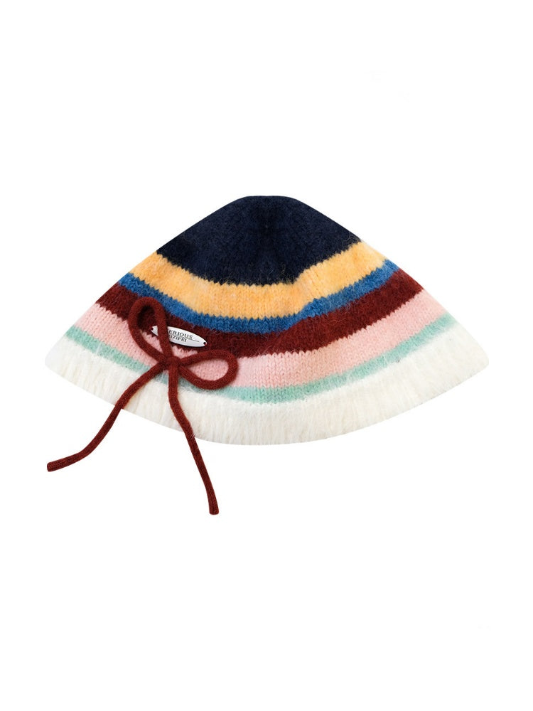 Vintage Color-Blocking Striped Bow Slimming Warm Basin Plush Hat【s0000018795】