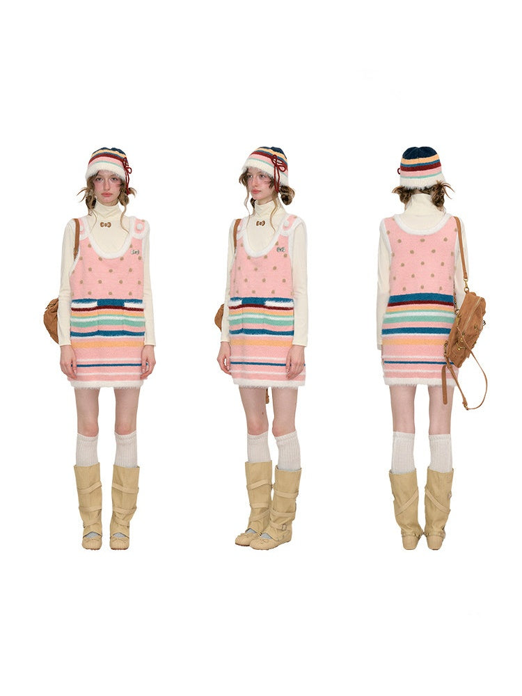 Vintage Color-Blocking Striped Bow Slimming Warm Basin Plush Hat【s0000018795】