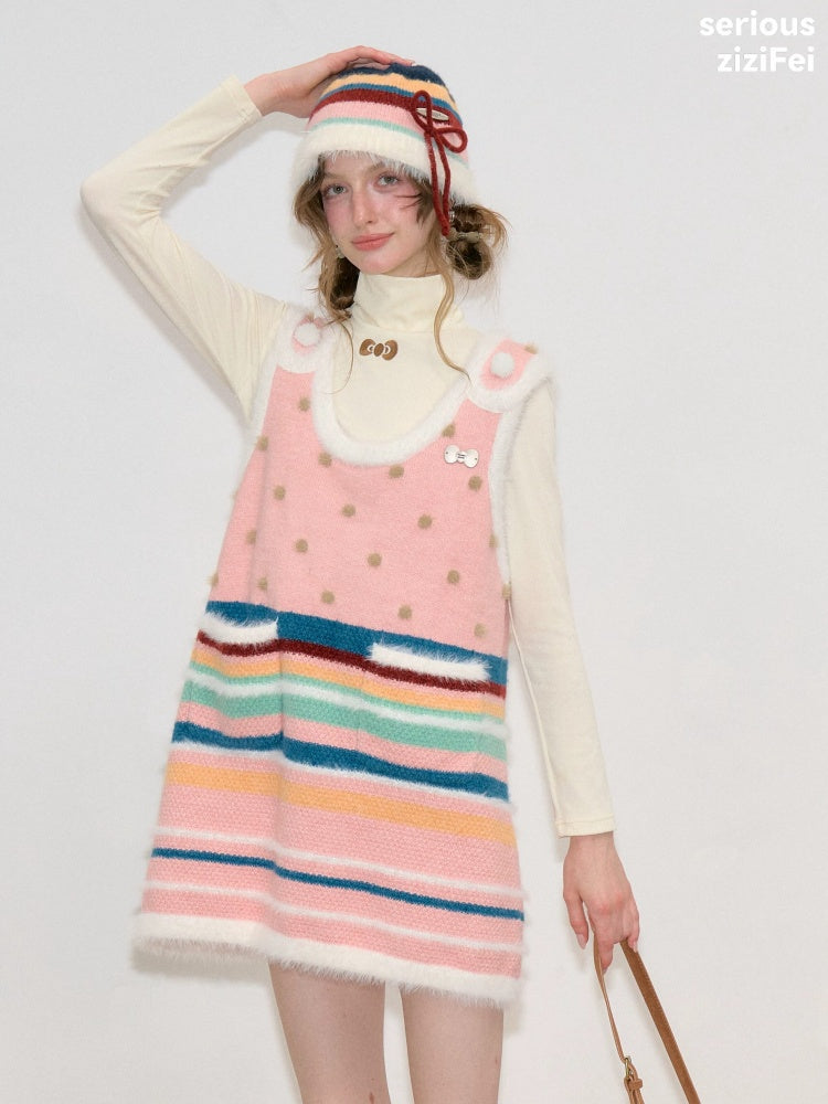 Vintage Color-Blocking Striped Bow Slimming Warm Basin Plush Hat【s0000018795】