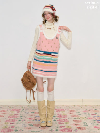 Vintage Color-Blocking Striped Bow Slimming Warm Basin Plush Hat【s0000018795】