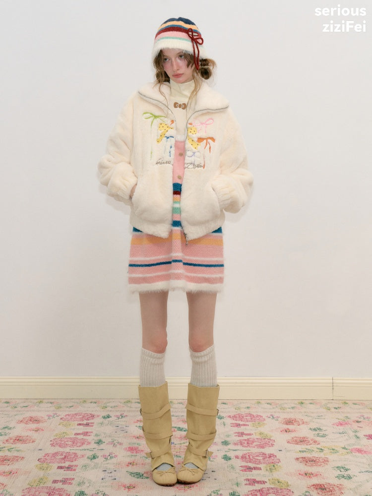 Vintage Color-Blocking Striped Bow Slimming Warm Basin Plush Hat【s0000018795】