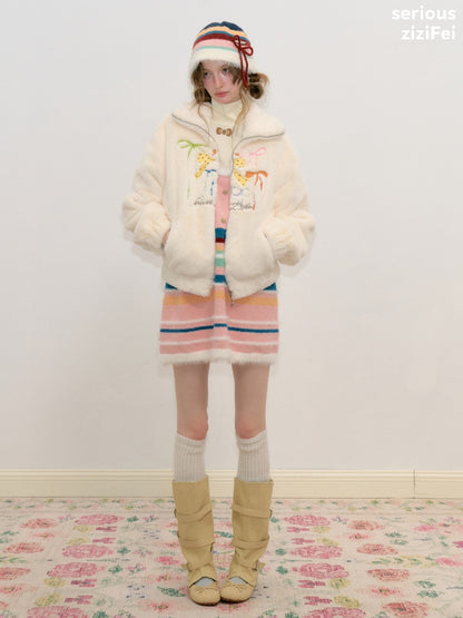 Vintage Color-Blocking Striped Bow Slimming Warm Basin Plush Hat【s0000018795】