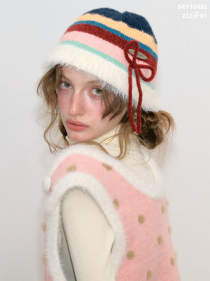 Vintage Color-Blocking Striped Bow Slimming Warm Basin Plush Hat【s0000018795】