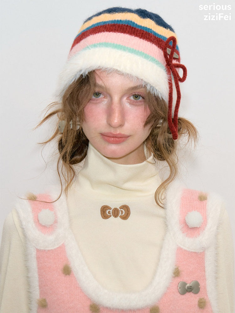 Vintage Color-Blocking Striped Bow Slimming Warm Basin Plush Hat【s0000018795】