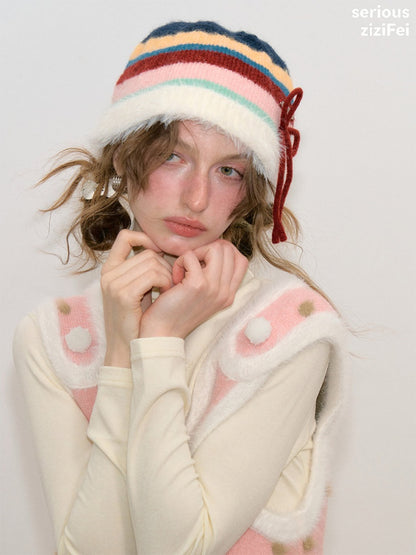 Vintage Color-Blocking Striped Bow Slimming Warm Basin Plush Hat【s0000018795】