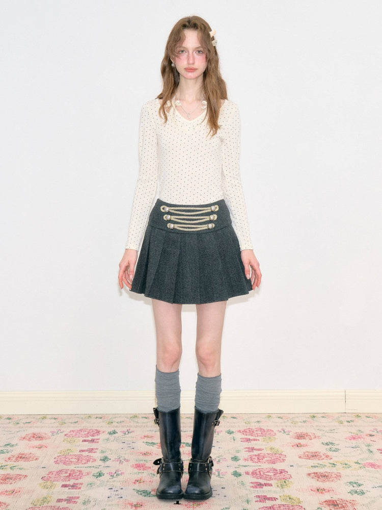 Vintage High-Waisted Slimming Double-Breasted Dark Gray Academy-Pleated Short Skirt【s0000018796】