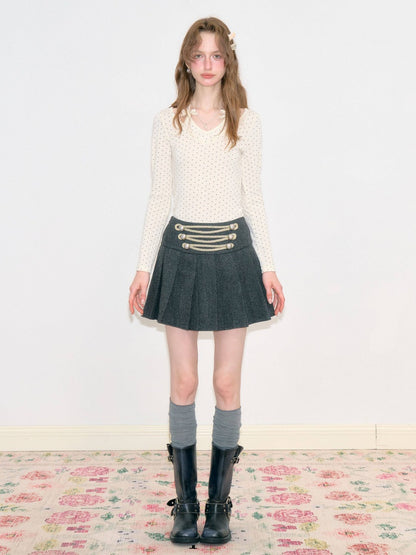 Vintage High-Waisted Slimming Double-Breasted Dark Gray Academy-Pleated Short Skirt【s0000018796】