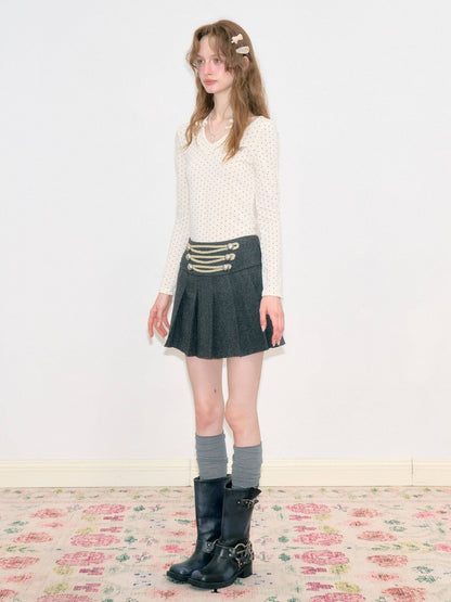 Vintage High-Waisted Slimming Double-Breasted Dark Gray Academy-Pleated Short Skirt【s0000018796】