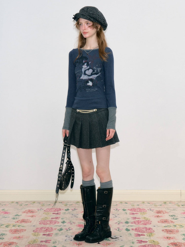 Vintage High-Waisted Slimming Double-Breasted Dark Gray Academy-Pleated Short Skirt【s0000018796】