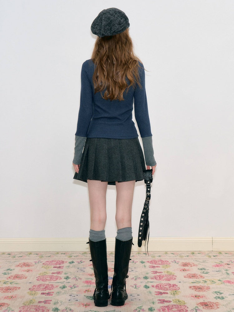Vintage High-Waisted Slimming Double-Breasted Dark Gray Academy-Pleated Short Skirt【s0000018796】
