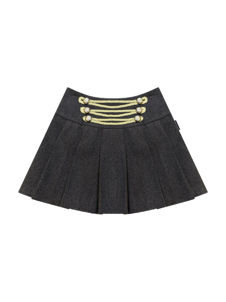 Vintage High-Waisted Slimming Double-Breasted Dark Gray Academy-Pleated Short Skirt【s0000018796】