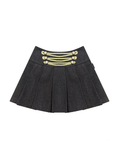 Vintage High-Waisted Slimming Double-Breasted Dark Gray Academy-Pleated Short Skirt【s0000018796】