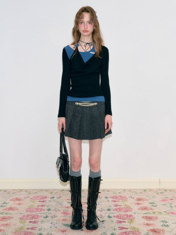 Vintage High-Waisted Slimming Double-Breasted Dark Gray Academy-Pleated Short Skirt【s0000018796】