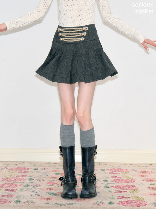 Vintage High-Waisted Slimming Double-Breasted Dark Gray Academy-Pleated Short Skirt【s0000018796】
