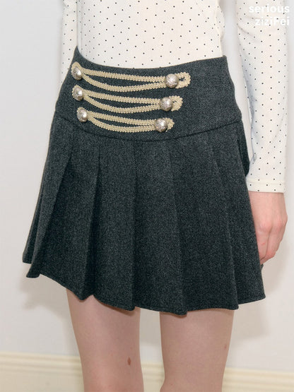 Vintage High-Waisted Slimming Double-Breasted Dark Gray Academy-Pleated Short Skirt【s0000018796】