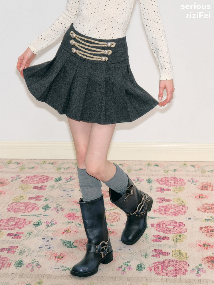 Vintage High-Waisted Slimming Double-Breasted Dark Gray Academy-Pleated Short Skirt【s0000018796】