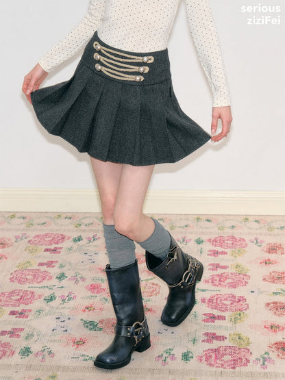 Vintage High-Waisted Slimming Double-Breasted Dark Gray Academy-Pleated Short Skirt【s0000018796】