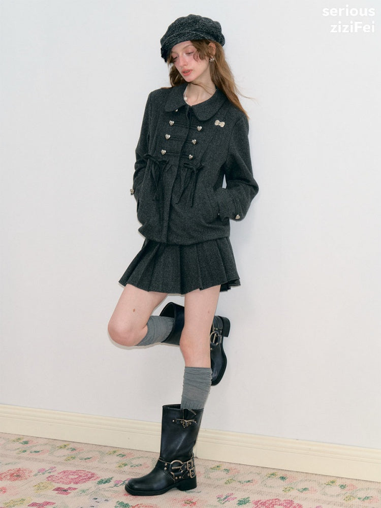 Vintage High-Waisted Slimming Double-Breasted Dark Gray Academy-Pleated Short Skirt【s0000018796】