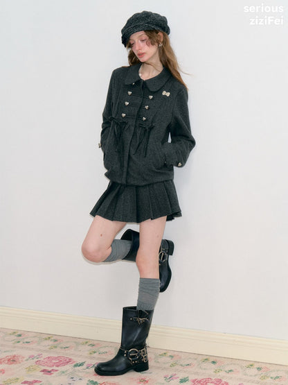Vintage High-Waisted Slimming Double-Breasted Dark Gray Academy-Pleated Short Skirt【s0000018796】
