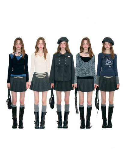 Vintage High-Waisted Slimming Double-Breasted Dark Gray Academy-Pleated Short Skirt【s0000018796】