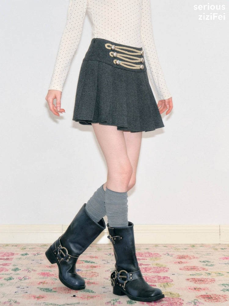 Vintage High-Waisted Slimming Double-Breasted Dark Gray Academy-Pleated Short Skirt【s0000018796】